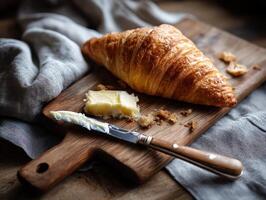 Buttery croissant on rustic wooden board. photo