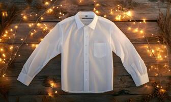 A white shirt is displayed on a wooden surface with a string of lights photo