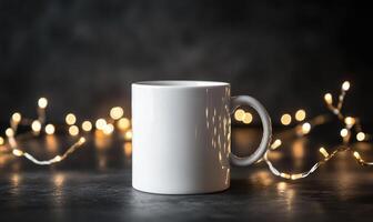 A white coffee cup sits on a table with a string of lights behind it photo