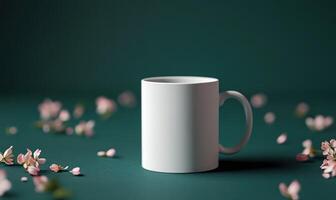 A white coffee cup sits on a green table with pink flowers scattered around it photo