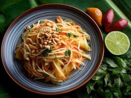 Delicious green papaya salad with peanuts and lime. photo