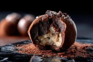 Macro shot of a chocolate truffle with cracked outer shell revealing ganache inside photo