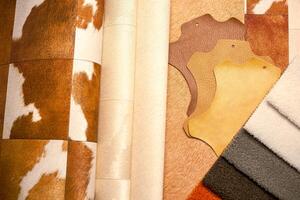Home interior design. Wallpaper for walls, artificial leather and textiles for furniture making. Materials and accessories for home renovation and interior planning. Copy space photo