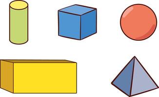 Sphere, Cube, Cube, Pyramid, Cone and Cylinder Geometric Shapes. Mathematics Colorful Shape Drawing Isolated on White Background vector