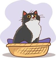 illustration of a spotted cat with a blanket and curious face sitting in a soft basket. vector
