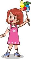 cute little kid playing with a colorful windmill toy flat style isolated on white background vector