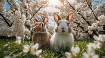 Two adorable bunnies amidst a blooming orchard, soaking in the warmth of springtime sunshine and the delicate beauty of nature's renewal. photo