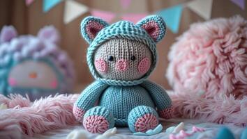 Knitted Dreams A soft, adorable bear toy nestled amidst fluffy textures and pastel colors, evoking a sense of comfort, childhood innocence, and gentle playfulness. photo