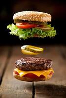 Deconstructed tasty gourmet burger with each ingredient floating in mid air, culinary art photography. photo