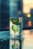 A crystal clear glass filled with a fresh cucumber and mint tonic cocktail stands on a concrete pool ledge. photo