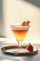 A glass filled with a layered strawberry lemonade spritz and a foam cloud topping. The drink on a raw steel tray with strawberry. photo