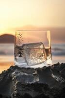 The glass with fresh pineapple elderflower cocktail and clear ice cube on a black volcanic rock. photo
