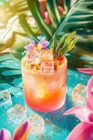 A vibrant scene with the fresh summer cocktail on a a bright turquoise table with gold flecks, surrounded by tropical foliage. photo