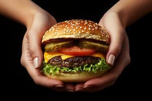 A female hands cradle a tasty burger with photogenic layers. Glossy brioche bun lightly toasted with sesame seeds. photo