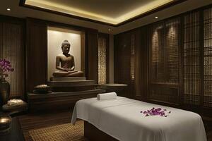 Serene Thai massage spa in contemporary zen style with teakwood walls with vertical grain patterns. photo