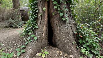 Hollow Tree Trunk in Lush Autumn Forest photo