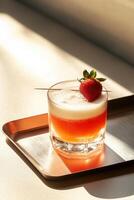 A glass filled with a layered strawberry lemonade spritz and a foam cloud topping decorated wit strawberry. photo