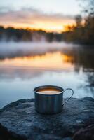 A tin camping cup filled with herbal tea rests on a stone near the river. photo
