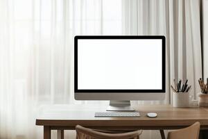 Modern monitor Mockup on Wooden Desk photo