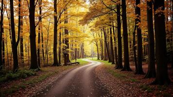 Winding Path Through Vibrant Autumn Forest photo