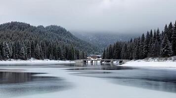 Snowy Bridge Over River in Winter Forest photo