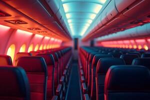 Empty airplane seats with red lights on the ceiling photo