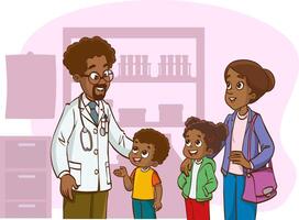 joven madre con su joven niños Satisface con su familia médico y pregunta para un consulta vector