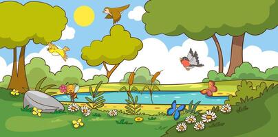 Wild nature landscape with green grass, water, sky and clouds. Panoramic summer view with river, lake, flowers and plants in good warm weather. Colorful flat illustration of scenic view vector