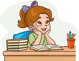 Illustration of a Little Girl Thinking While Studying at the Table with Books vector