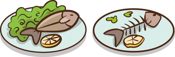 illustration of fish and salad on a plate on a white background with an eaten fish on the plate next to it. vector