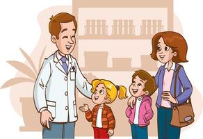 joven madre con su niños Satisface con su familia médico y pregunta para un consulta vector