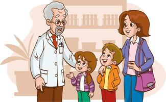 joven madre con su linda niños Satisface con su familia médico y pregunta para un consulta vector