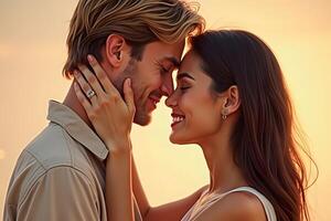 A man and woman are embracing each other at sunset photo