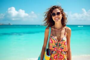 A woman in a floral dress and sunglasses on the beach photo