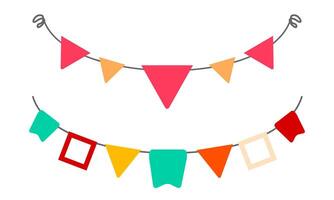 Set of Two Colorful Bunting Garlands with Triangle and Rectangle Flags vector