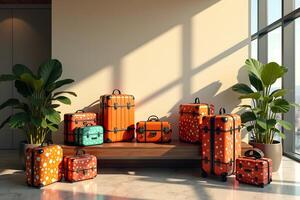A group of suitcases sitting on a bench in front of a window photo