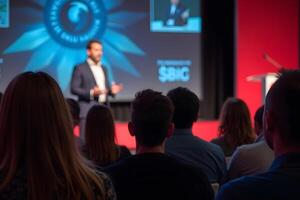 A man giving a presentation to an audience photo