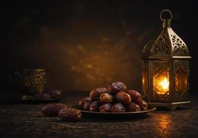Lantern and date plate with Ramadan Kareem message, Ramadan Kareem Background, Ramadan Vibes photo