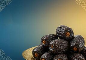 Close-up of dates with Ramadan Kareem greeting on a blue and gold background, Ramadan Kareem Background, Ramadan Vibes photo