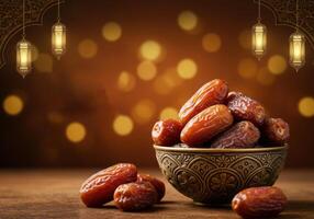 Dates in a decorative bowl with Ramadan Kareem message, Ramadan Kareem Background, Ramadan Vibes photo