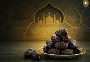 Dates on a golden plate with mosque silhouette and Ramadan Kareem greeting, Ramadan Kareem Background, Ramadan Vibes photo