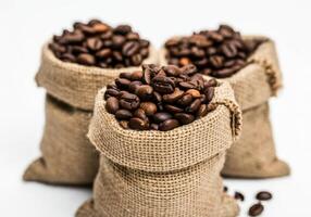Roasted Coffee Beans in Burlap Sacks photo