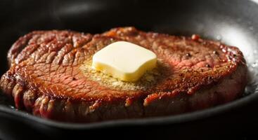 A thick-cut steak sears to perfection in a skillet, with a pat of butter melting on top photo