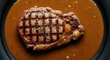 close-up shot captures the enticing details of a grilled steak bathed in a rich peppercorn sauce photo