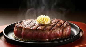 a sizzling ribeye steak. photo
