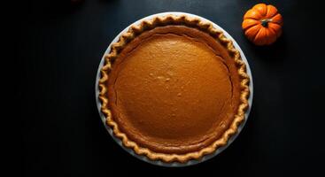 A whole pumpkin pie in a pie dish photo