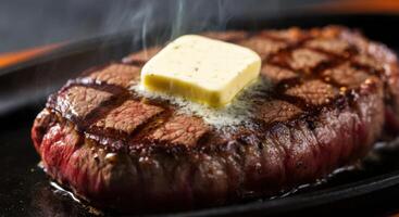 close-up image showcases a sizzling grilled steak with a melting pat of butter photo