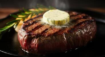 A steaming hot steak, fresh off the grill, is served with a generous pat of melting herb butter and a sprig of rosemary photo