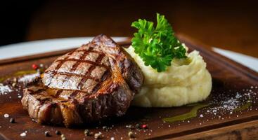 Sizzling Steak and Parsley Mash on Wood photo