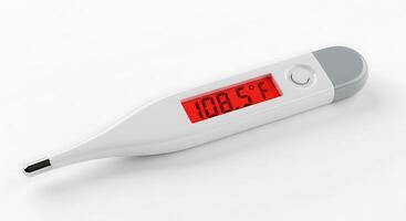 Digital Thermometer Displaying High Temperature on White Background for Medical Concept photo